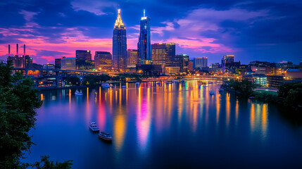 Obraz premium Urban Harbour Night Skyline with Skyscrapers and Neon Reflections