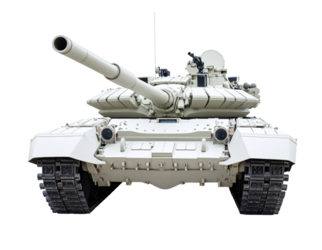 Front view of a military tank isolated on white, armored vehicle for combat and defense missions.