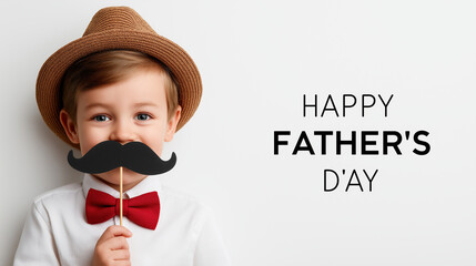 A young boy with hat and bow tie holding a mustache prop for happy father's day celebration image