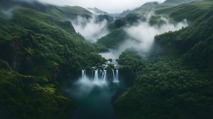 Fototapeta premium Misty waterfall cascades through lush greenery in Iceland's enchanting landscape during early morning hours