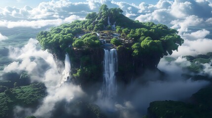 Misty waterfall in Iceland cascading from lush cliffs surrounded by serene clouds and vibrant greenery during golden hour