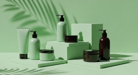 Minimalist Skincare Product Display with Green Tones and Palm Leaf Shadow