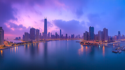 Fototapeta premium Urban Harbour Night Skyline with Skyscrapers and Neon Reflections