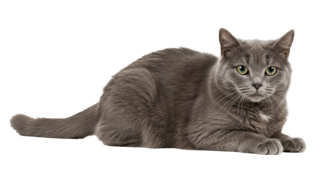 Isolated Gray Cat Relaxing and Looking at the Camera