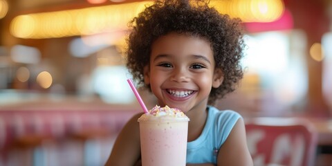 Child enjoying a colorful milkshake in a cheerful dining setting during the afternoon