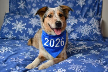 Cute dog wearing 2026 bandana, sitting on bed with snowflake background, festive pet portrait, adorable canine, fluffy fur, blue scarf, holiday scene.