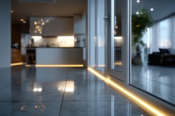 An elegant view of a modern home interior showcasing sleek lines and sophisticated design elements, creating a serene atmosphere highlighted by ambient lighting.