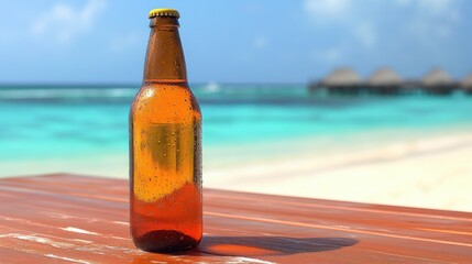 Amber beer bottle on beach table