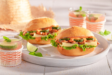 Tasty and spicy sandwich with gyros chicken and cheese.