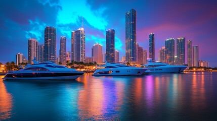 Fototapeta premium Urban Harbour Night Skyline with Skyscrapers and Neon Reflections