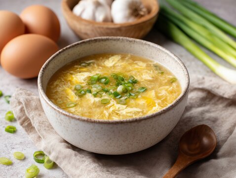 A bowl of egg drop soup garnished with scallions next to eggs and garlic on a neutral surface - Powered by Adobe