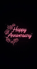 Happy Anniversary Neon Typography with Floral Corners on Black