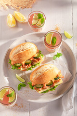 Tasty and spicy sandwich with gyros chicken, cucumber and lettuce.