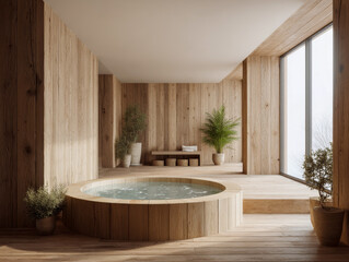 Relaxation space featuring a wooden cold plunge tub for soothing ice facial and chill therapy sessions