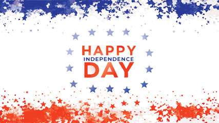 Obraz premium Happy independence day graphic with red and blue confetti and star decorations on a white background