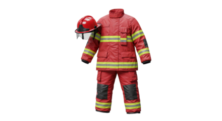 Isolated Complete Firefighter Suit with Helmet Ready for Emergency