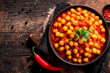 Chickpea curry is presented in a rustic bowl, garnished with fresh herbs and served alongside red chili peppers and spices on a weathered wooden table