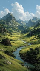 Naklejka premium Lush green valley with winding river beneath a bright blue sky and majestic mountains in the background during daytime