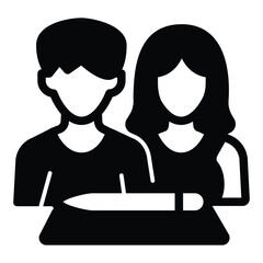 Married couple and contract paper solid icon, family lawyer concept. Vector graphics. Document with pen and young people sign on white background, style mobile or design.