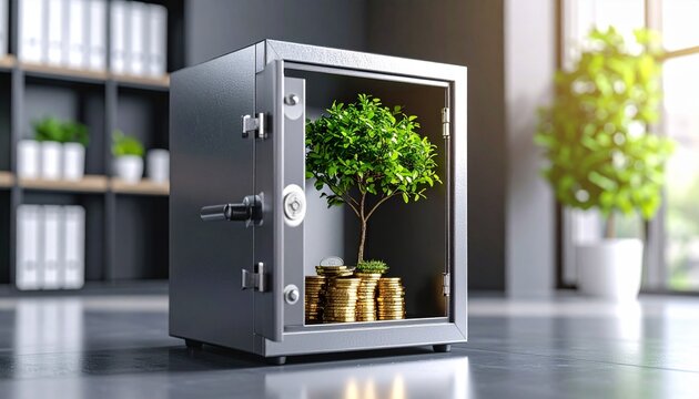 A tree growing from a secure safe box full of coins represents protected savings and business stability.