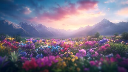 Blooming desert landscape after rare rainfall features vibrant flowers and stunning mountain backdrop during golden hour