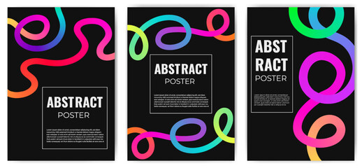 Modern minimalist poster set featuring abstract swirling lines in vibrant rainbow gradient colors.