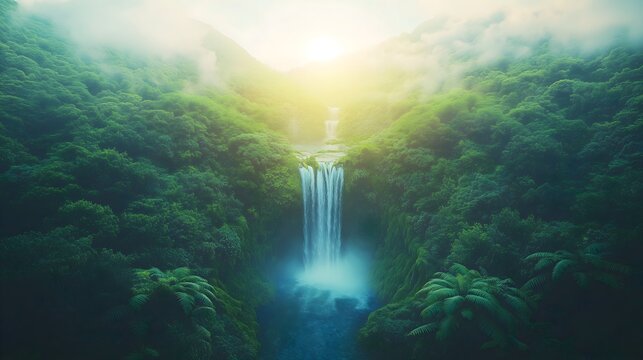 Cascading waterfall in a tropical jungle illuminated by soft sunlight at dawn with lush greenery surrounding the scene