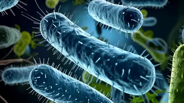 Diverse bacilli bacteria microbes group with flagella, floating in fluid in the microscopic view, showing biology and scientific study.