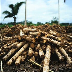 Pile of trunks of sugarcane in the field.