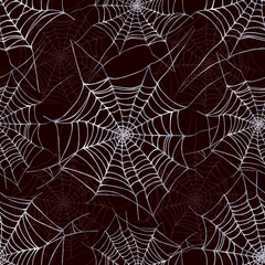 Seamless pattern with gray and red spider web on black background. Watercolor illustration for fabric, packaging, cover.