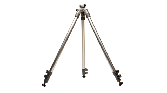 Sturdy silver tripod for professional photography equipment, ideal for stable shots