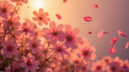 Naklejka premium Delicate pink flowers bloom in serene garden, petals gently falling in warm sunlight, creating tranquil and dreamy atmosphere