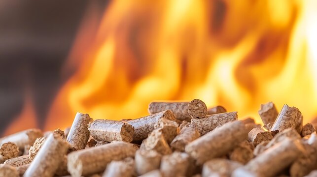 Pile of wood pellets on a background of a burning fire.