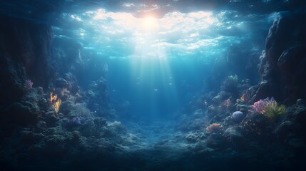 Obraz premium Deep-sea trench explores eerie glowing creatures with vibrant corals illuminated by sunlight filtering through water