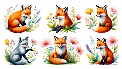 Fototapeta premium Watercolor foxes amidst a vibrant floral arrangement, isolated on white background