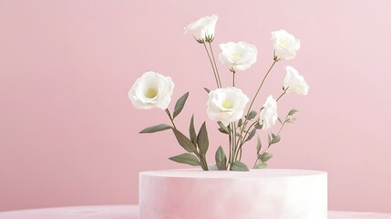 Obraz premium pink podium with flowers and pastel pink wall.
