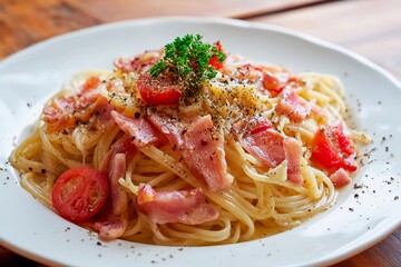 A plate of spaghetti is garnished with crispy bacon, fresh tomatoes, and herbs. The warm dish is served in a rustic restaurant, inviting customers to enjoy a hearty meal