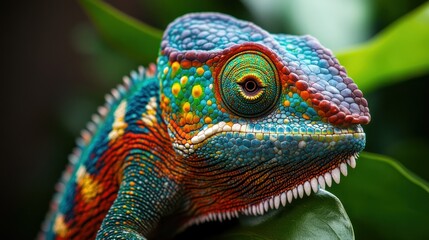 Vibrant chameleon with detailed scales, eye, and green leaf backdrop