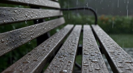 Fototapeta premium Closeup of wooden bench with raindrops during rainfall in a quiet park