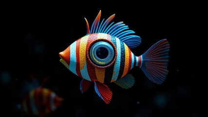 Abstract Striped Fish, Circular Eye, Dark Background Design