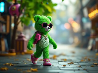 Cartoon Bear Stroll in Lime Green and Pink