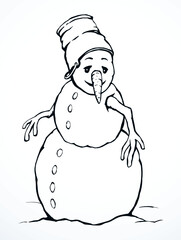 Snowman in snow. Vector drawing.