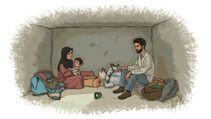 Obraz premium Vector illustration of a Middle Eastern family in a shelter during conflict. Parents and child huddled quietly. Soft colors, minimal detail, white background. Humanitarian and symbolic.