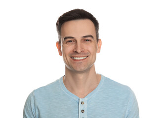 Smiling man after shaving on white background