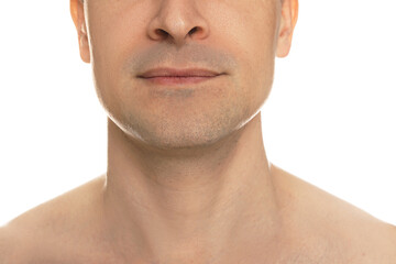 Obraz premium Man after shaving on white background, closeup