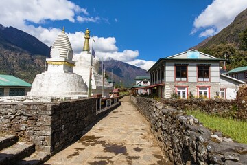 Stupa with prayer flags prayer walls near Lukla Nepal