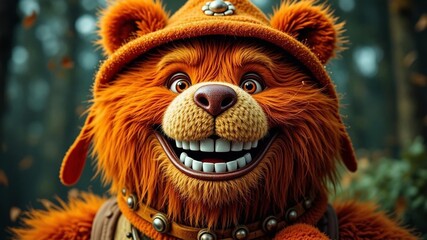 Playful Orange Bear with Red Nose and Big Grin
