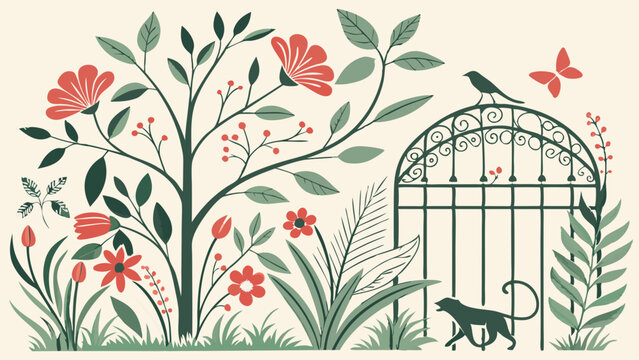 Illustrated Garden Scene with Flowers Gate Bird Butterfly and Monkey.