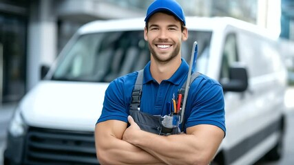 Cheerful male cleaner stands confidently in front of a spotless white service van, arms crossed, vibrant cleaning tools neatly organized behind him