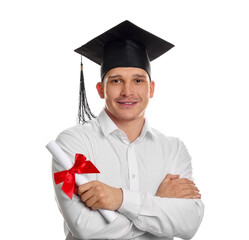 Happy student with diploma after graduation on white background